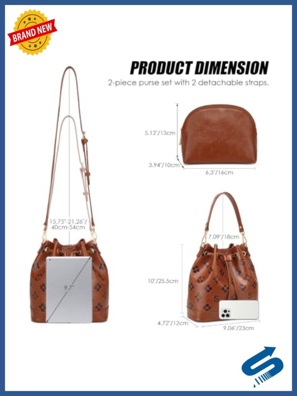 2 Piece Bucket Bag Set Embossed Vegan Leather Crossbody Shoulder Handbag with 2 - Picture 3 of 6